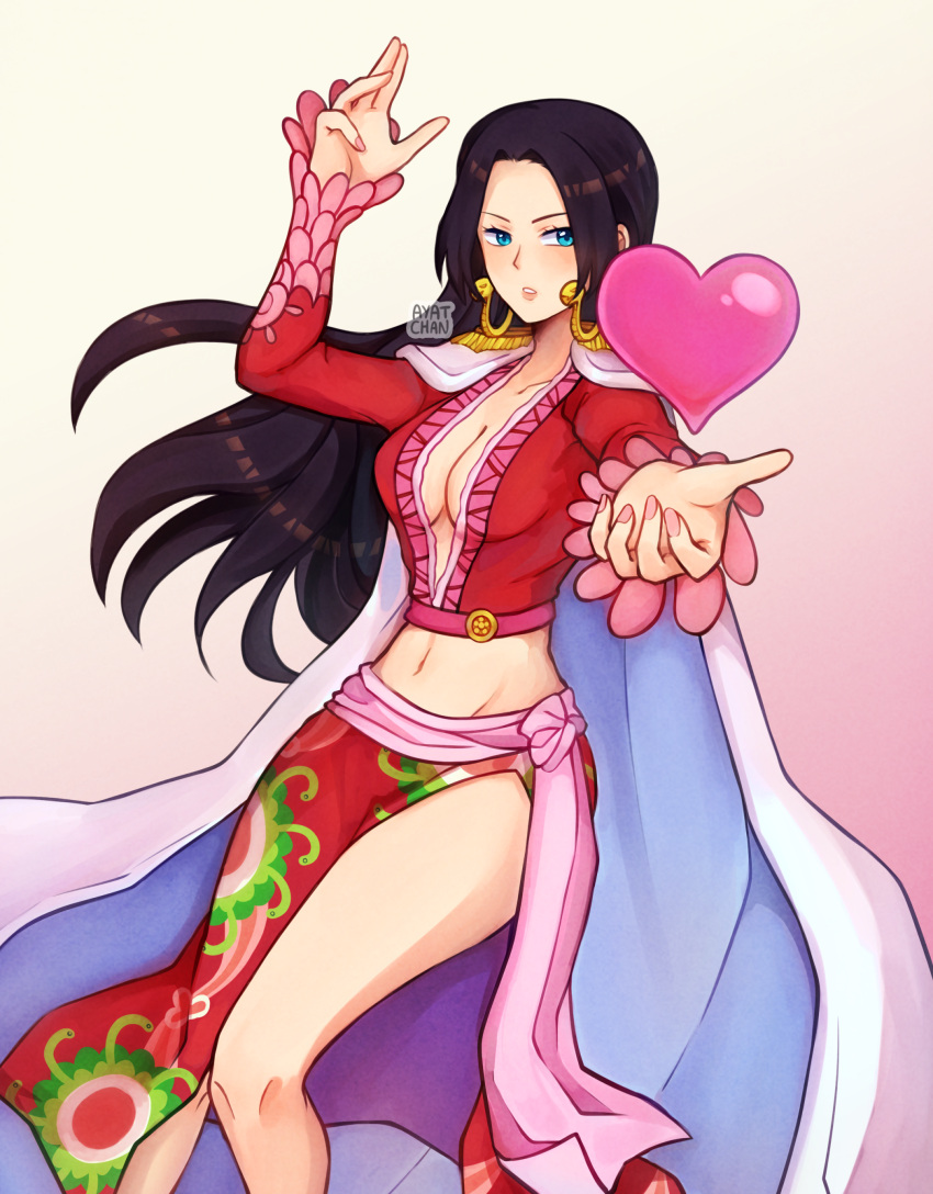 1girl absurdres arms_up artist_name ayat_chan black_hair blue_eyes boa_hancock cowboy_shot crop_top earrings english_commentary frilled_sleeves frills heart highres hime_cut jewelry looking_at_viewer one_piece pink_nails pink_sash pink_sleeves plunging_neckline red_shirt red_skirt sash shirt side_slit skirt snake snake_earrings solo
