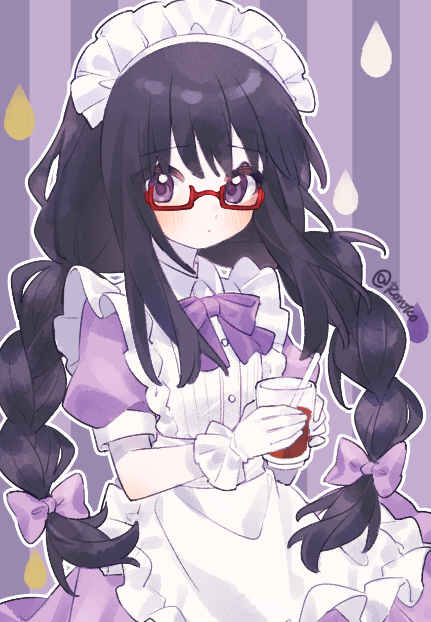 1girl akemi_homura apron black_hair bow bowtie braid chinese_commentary collared_shirt commentary_request cup dot_mouth drinking_glass drinking_straw expressionless frilled_apron frills gloves hair_bow highres holding holding_cup long_hair looking_at_viewer mahou_shoujo_madoka_magica mahou_shoujo_madoka_magica_(anime) maid_headdress official_alternate_costume outline puffy_short_sleeves puffy_sleeves purple_background purple_bow purple_bowtie red-framed_eyewear roro_(lolo) semi-rimless_eyewear shirt short_sleeves simple_background solo striped_background twin_braids under-rim_eyewear upper_body violet_eyes waist_apron white_apron white_gloves white_outline white_shirt