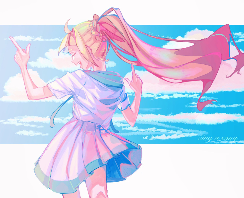 1girl blonde_hair braid closed_eyes clouds cloudy_sky day eyelashes french_braid from_behind high_ponytail highres index_finger_raised lillie_(pokemon) long_hair nape ocean open_mouth partial_background pleated_skirt pokemon pokemon_sm r.aka. shirt skirt sky smile white_shirt white_skirt wind wind_lift