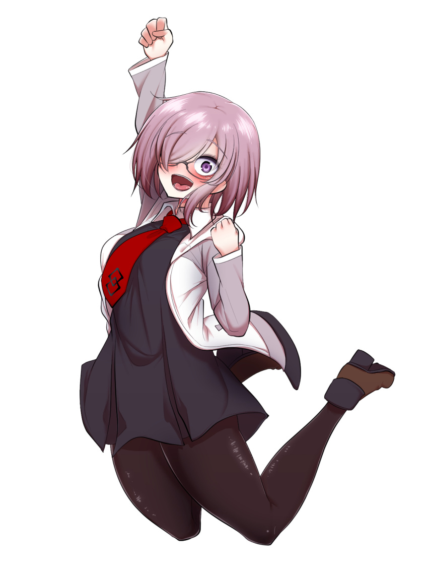 1girl arm_up black_dress blush breasts dress fate/grand_order fate_(series) full_body glasses hair_over_one_eye highres jumping looking_at_viewer mash_kyrielight medium_breasts midair mine_thrower_(ore_no_bakudan) necktie open_mouth purple_hair red_necktie shoes short_hair simple_background smile solo sweater violet_eyes