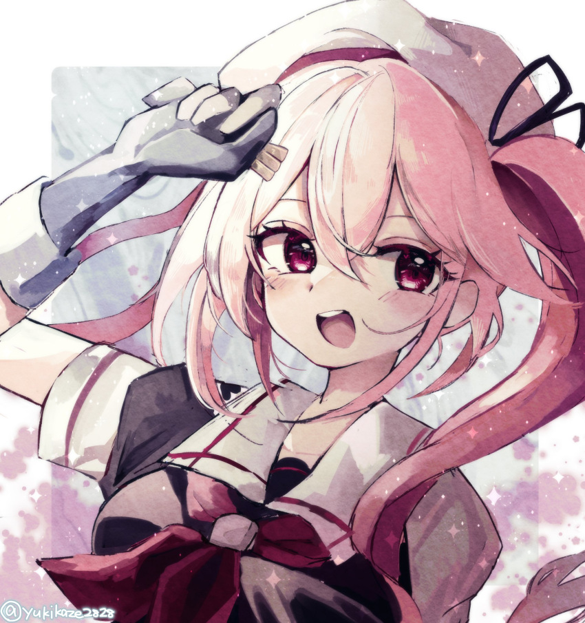 1girl black_gloves black_ribbon gloves hair_ribbon harusame_(kancolle) hat highres kantai_collection long_hair looking_at_viewer neckerchief one-hour_drawing_challenge open_mouth pink_eyes pink_hair ponytail red_neckerchief ribbon sailor_collar school_uniform serafuku short_sleeves side_ponytail simple_background solo sparkle teeth twitter_username upper_body upper_teeth_only very_long_hair white_hat white_sailor_collar yukikaze2828