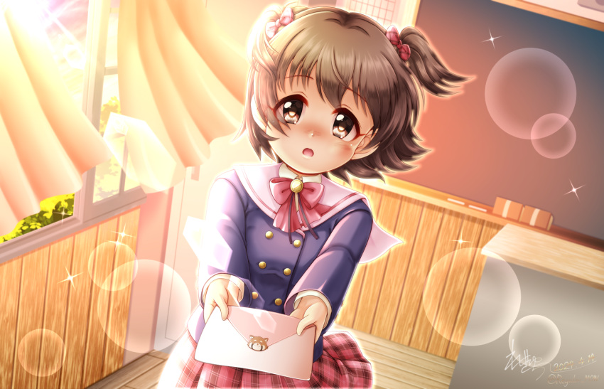 1girl akagi_miria blue_jacket blush bow brown_eyes brown_hair collared_shirt commentary_request curtains day envelope hair_bow holding holding_envelope idolmaster idolmaster_cinderella_girls indoors jacket looking_at_viewer open_mouth outstretched_arms plaid plaid_bow plaid_skirt pleated_skirt red_bow red_skirt regular_mow sailor_collar school_uniform shirt skirt solo two_side_up white_sailor_collar white_shirt window