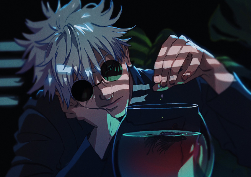 1boy alisvart closed_mouth covered_eyes crying dead_animal fish_food fishbowl gojou_satoru hands_up head_rest head_tilt highres indoors jujutsu_kaisen lips male_focus nose round_eyewear solo streaming_tears sunglasses sunlight tears window_shadow