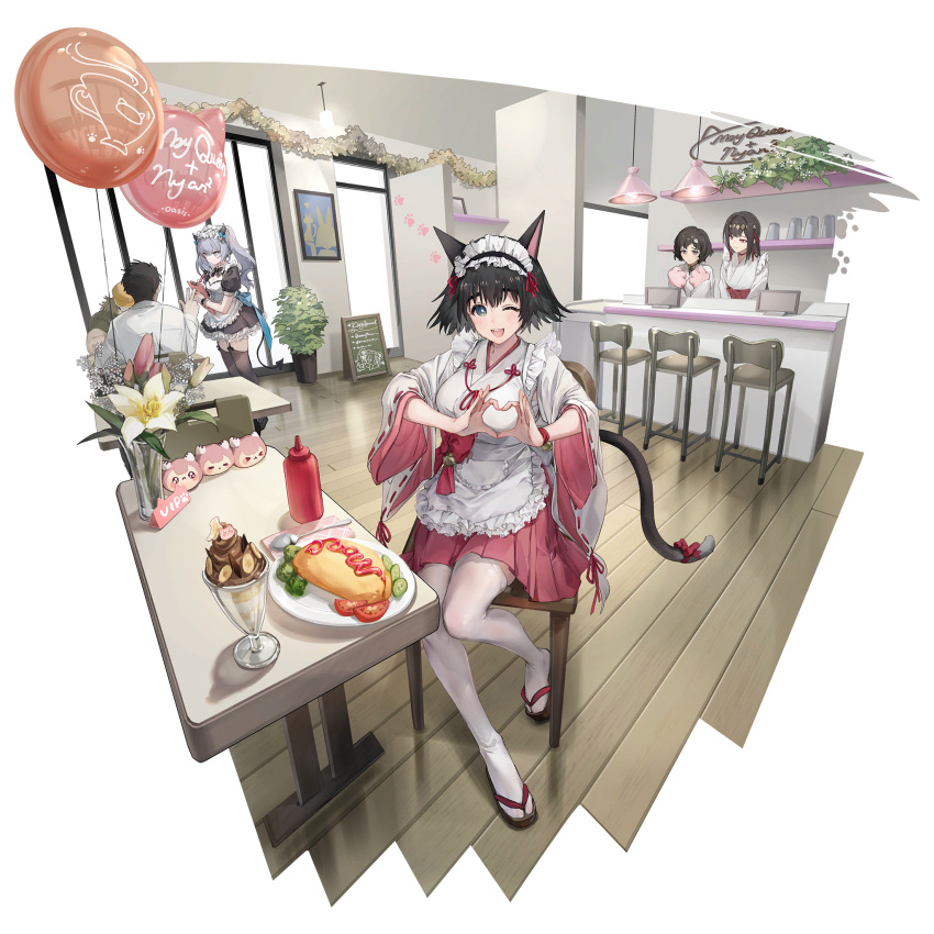 3boys 3girls animal_ears animal_hands apron balloon bar_stool black_hair black_thighhighs blush bow bright_pupils broccoli brown_hair cat_ears cat_tail chandelier crossover cucumber cucumber_slice fake_animal_ears fake_tail flower food frilled_apron frilled_hairband frills geta girls'_frontline_neural_cloud gloves green_eyes grey_hair hair_ornament hairband hakama hakama_skirt hashida_itaru heart heart_hands highres holding holding_notepad ice_cream indoors japanese_clothes ketchup_bottle kimie_(neural_cloud) knees_to_chest kosode lab_coat long_hair looking_at_another looking_at_viewer maid maid_apron maid_cafe maid_headdress miko multiple_boys multiple_girls notepad official_art okabe_rintarou omelet omurice one_eye_closed otoko_no_ko paw_gloves paw_print plant potted_plant red_bow red_eyes red_hakama shiina_mayuri short_hair skirt spoon steins;gate stool tail tail_bow tail_ornament thigh-highs third-party_source tomato tomato_slice transparent_background twintails undine_(neural_cloud) urushibara_ruka wa_maid white_apron white_headdress white_thighhighs wide_sleeves wooden_floor