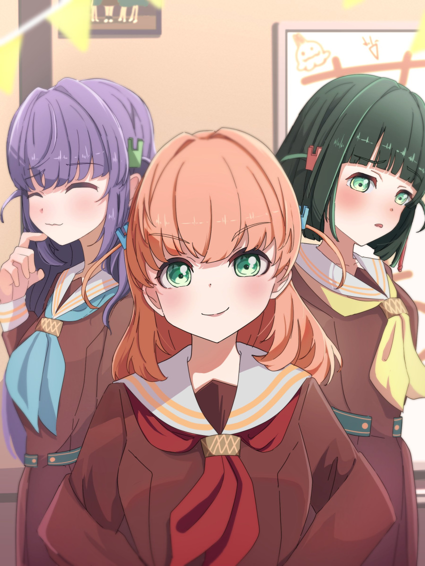 3girls absurdres aqua_eyes aqua_neckerchief blunt_bangs blunt_ends borrowed_accessory borrowed_hairstyle brown_dress cerise_bouquet closed_mouth clubroom collarbone commentary_request crossed_bangs d: dress flower_knot green_eyes green_hair hair_ornament hands_on_own_hips hasu_no_sora_school_uniform highres hinoshita_kaho indoors kametora_(kametora02) link!_like!_love_live! long_hair long_sleeves looking_at_viewer love_live! matching_accessory matching_hairstyle medium_hair momose_ginko multiple_girls neckerchief orange_hair otomune_kozue pleated_dress purple_hair rabbit_hair_ornament red_neckerchief sailor_collar sailor_dress school_uniform short_hair sidelocks smile split_mouth string_of_flags two_side_up v-shaped_eyebrows virtual_youtuber wavy_mouth white_sailor_collar whiteboard winter_uniform yellow_neckerchief