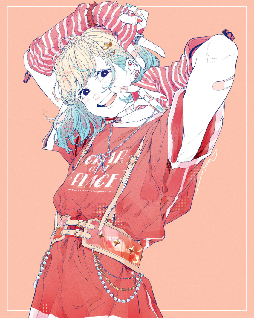1girl :d absurdres akira_13go aqua_hair arm_warmers arms_up bandaid bandaid_on_arm bandaid_on_hand beads black_eyes blonde_hair blue_nails bracelet bright_pupils cancer_(symbol) cancer_(zodiac) chain clothes_writing crown_hair_ornament earrings english_text hair_ornament highres hoop_earrings jewelry looking_at_viewer multicolored_hair multicolored_nails open_mouth orange_background original pendant red_nails red_shirt red_t-shirt scissors shirt short_hair short_sleeves signature simple_background smile solo striped_arm_warmers teeth two-tone_hair upper_body upper_teeth_only white_pupils wide_sleeves zodiac