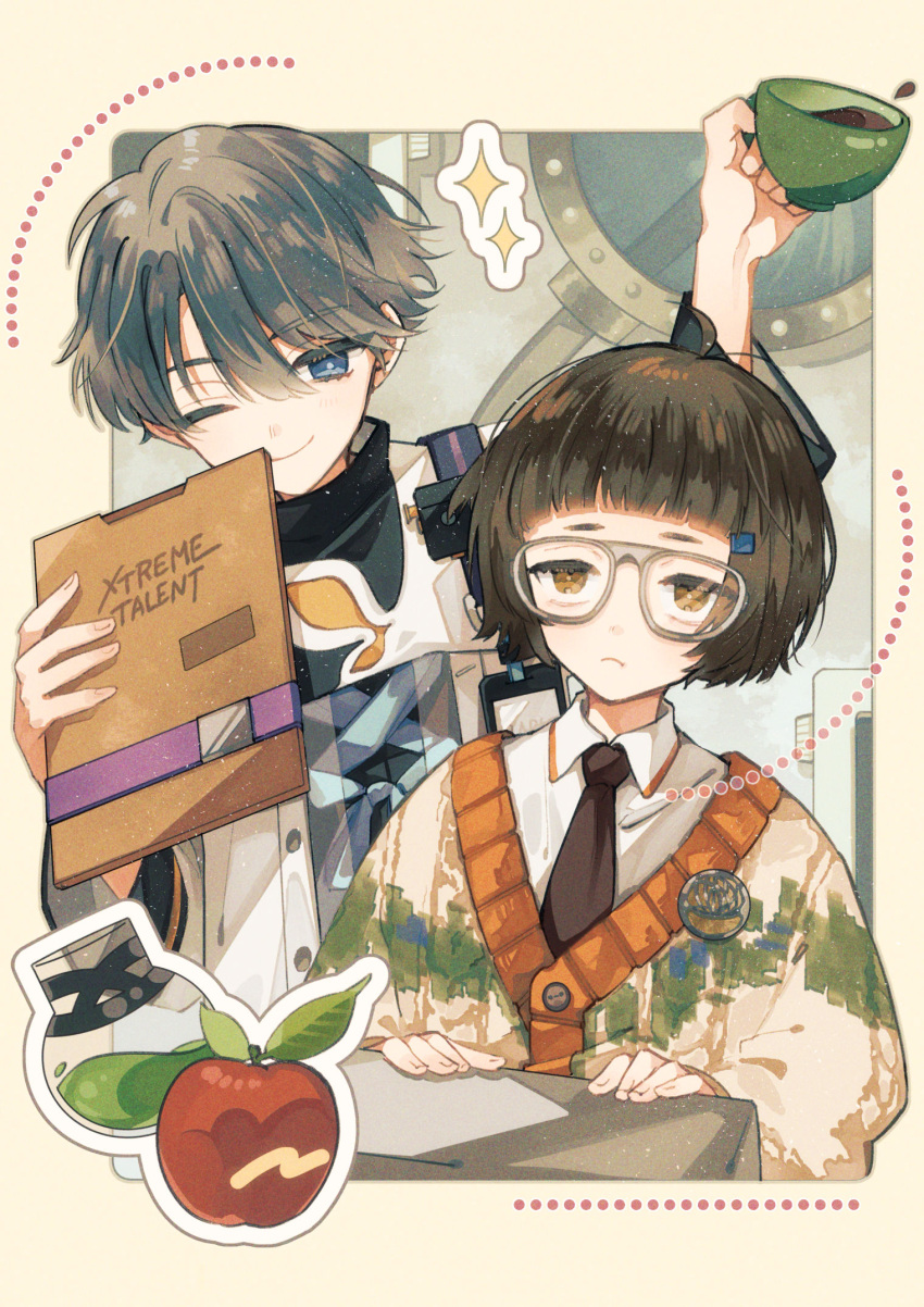 1boy 1girl 8_keei ;) apple arm_up black_hair black_necktie blue_eyes blunt_bangs bob_cut border brown_eyes brown_hair coat coffee coffee_cup collared_shirt cup disposable_cup dotted_line flask folder food frown fruit glasses hair_between_eyes hands_up highres holding holding_cup holding_folder jacket john_titor_(reverse:1999) necktie one_eye_closed outside_border potion reverse:1999 round-bottom_flask shirt short_hair smile sparkle sweater sweater_jacket upper_body white-framed_eyewear white_coat white_shirt x_(reverse:1999) yellow_border yellow_sweater