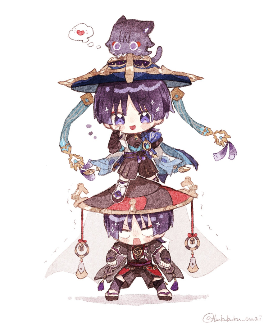 2boys :p akanbe animal_on_head armor artist_name black_footwear black_shirt black_shorts blank_eyes blue_cape blue_hat blue_ribbon blunt_ends blush blush_stickers bridal_gauntlets cape cat cat_on_head chibi choppy_bangs commentary_request eyelid_pull genshin_impact hand_up hat hat_ribbon heart highres jacket japanese_armor jingasa kote kurokote looking_at_viewer male_focus multiple_boys nekorune_(bukubuku_awai) on_head open_clothes open_jacket open_mouth parted_bangs purple_hair purple_sash red_hat ribbon rope sandals sash scaramouche_(cat)_(genshin_impact) scaramouche_(genshin_impact) shirt short_hair short_sleeves shorts simple_background sleeveless sleeveless_shirt smile sparkle standing tassel thought_bubble tongue tongue_out trembling twitter_username v-shaped_eyebrows veil violet_eyes vision_(genshin_impact) wanderer_(genshin_impact) white_background white_jacket wide_sleeves