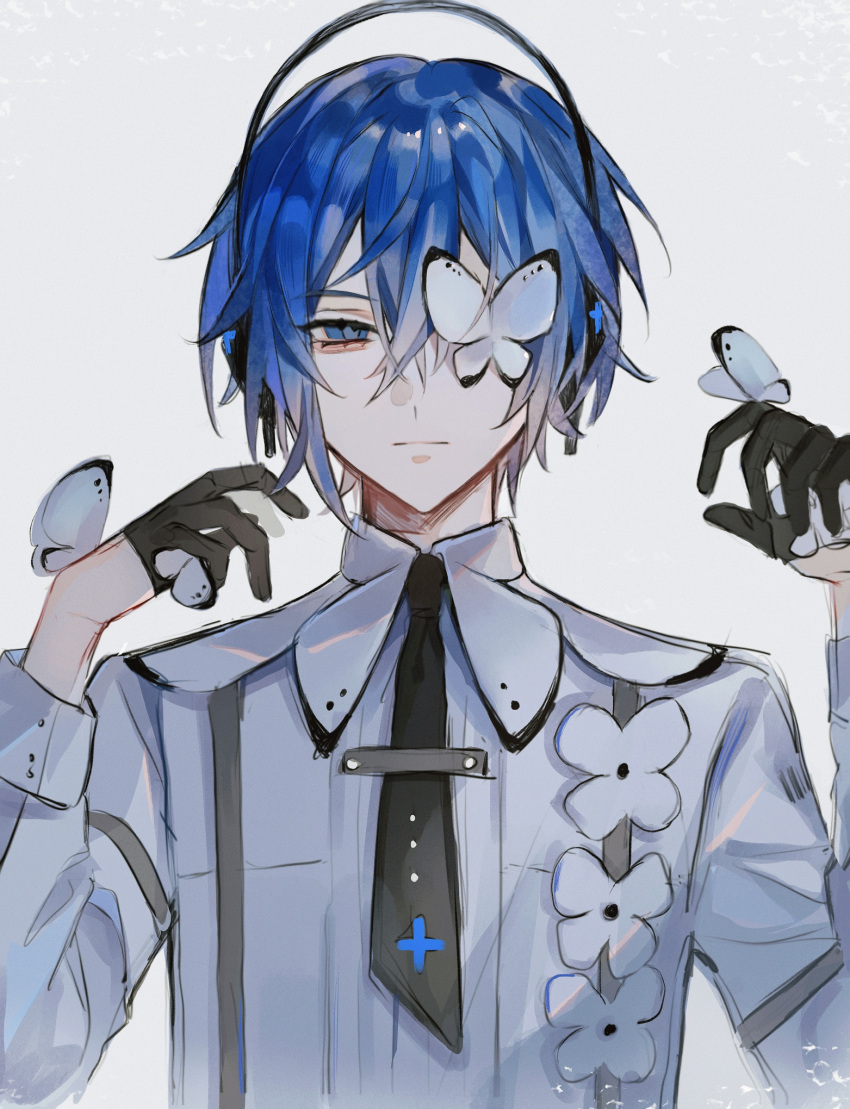 1boy aegyo_sal black_gloves black_necktie blue_eyes blue_hair bug butterfly butterfly_on_hand butterfly_over_eye collared_shirt commentary gloves grey_background hair_between_eyes half-closed_eye half_gloves hands_up headphones highres jiao_shenme_ming_hao_ne kaito_(vocaloid) looking_at_viewer male_focus necktie shirt short_hair short_necktie simple_background solo straight-on suspenders upper_body vocaloid white_butterfly white_shirt
