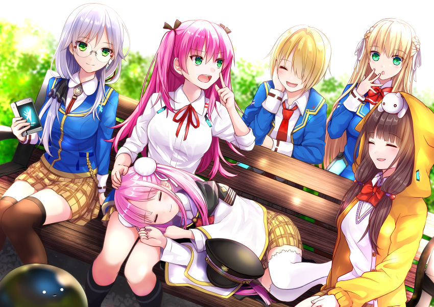 6+girls :d ^_^ absurdres aikawa_megumi akausagi animal_ear_hood animal_ears animal_on_head asakura_karen_(heaven_burns_red) bench black_hat black_jacket black_socks blonde_hair blunt_bangs blush bow braid brown_hair brown_thighhighs cat cat_ears cat_on_head cellphone closed_eyes closed_mouth collared_shirt commentary_request day double_bun dutch_angle facing_another feet_out_of_frame finger_to_mouth french_braid glasses green_eyes grey_hair hair_between_eyes hair_bun hair_over_one_eye hair_ribbon hand_on_own_cheek hand_on_own_face hand_up hat headpat heaven_burns_red highres holding holding_phone hood hood_up hoodie index_finger_raised izumi_yuki_(heaven_burns_red) jacket kayamori_ruka kneehighs kunimi_tama lap_pillow long_bangs long_hair long_sleeves looking_at_another lying military_hat miniskirt multiple_girls on_head on_side one_eye_covered open_clothes open_hoodie open_jacket open_mouth orange_hoodie outdoors park_bench phone pink_hair plaid plaid_skirt red_bow ribbon round_eyewear school_uniform shirt short_hair shushing sidelocks sitting skirt sleeping sleeves_rolled_up smartphone smile socks thigh-highs toujou_tsukasa two_side_up unworn_hat unworn_headwear v-shaped_eyebrows very_long_hair white_ribbon white_shirt white_thighhighs zettai_ryouiki