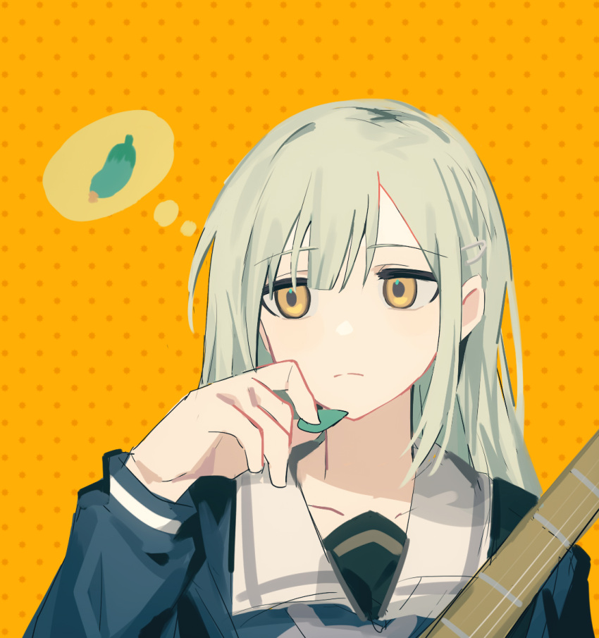 1girl bang_dream! bang_dream!_it's_mygo!!!!! blue_shirt closed_mouth commentary cucumber dotted_background expressionless green_hair guitar hair_ornament hairclip hand_up highres holding holding_guitar holding_instrument holding_plectrum instrument long_hair plectrum sailor_collar school_uniform shirt solo thought_bubble tsukinomori_school_uniform upper_body wakaba_mutsumi white_sailor_collar xmyishipi yellow_background yellow_eyes
