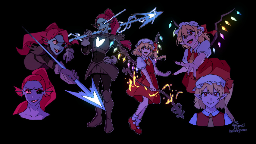 2girls ascot black_background blonde_hair cowboy_shot dress eyepatch fish_girl flandre_scarlet full_body hat hat_ribbon highres holding holding_polearm holding_weapon hoshiringo0902 laevatein_(touhou) long_hair mary_janes mob_cap multiple_girls open_mouth polearm red_dress red_ribbon redhead ribbon shoes side_ponytail simple_background spear touhou undertale undyne upper_body weapon yellow_ascot