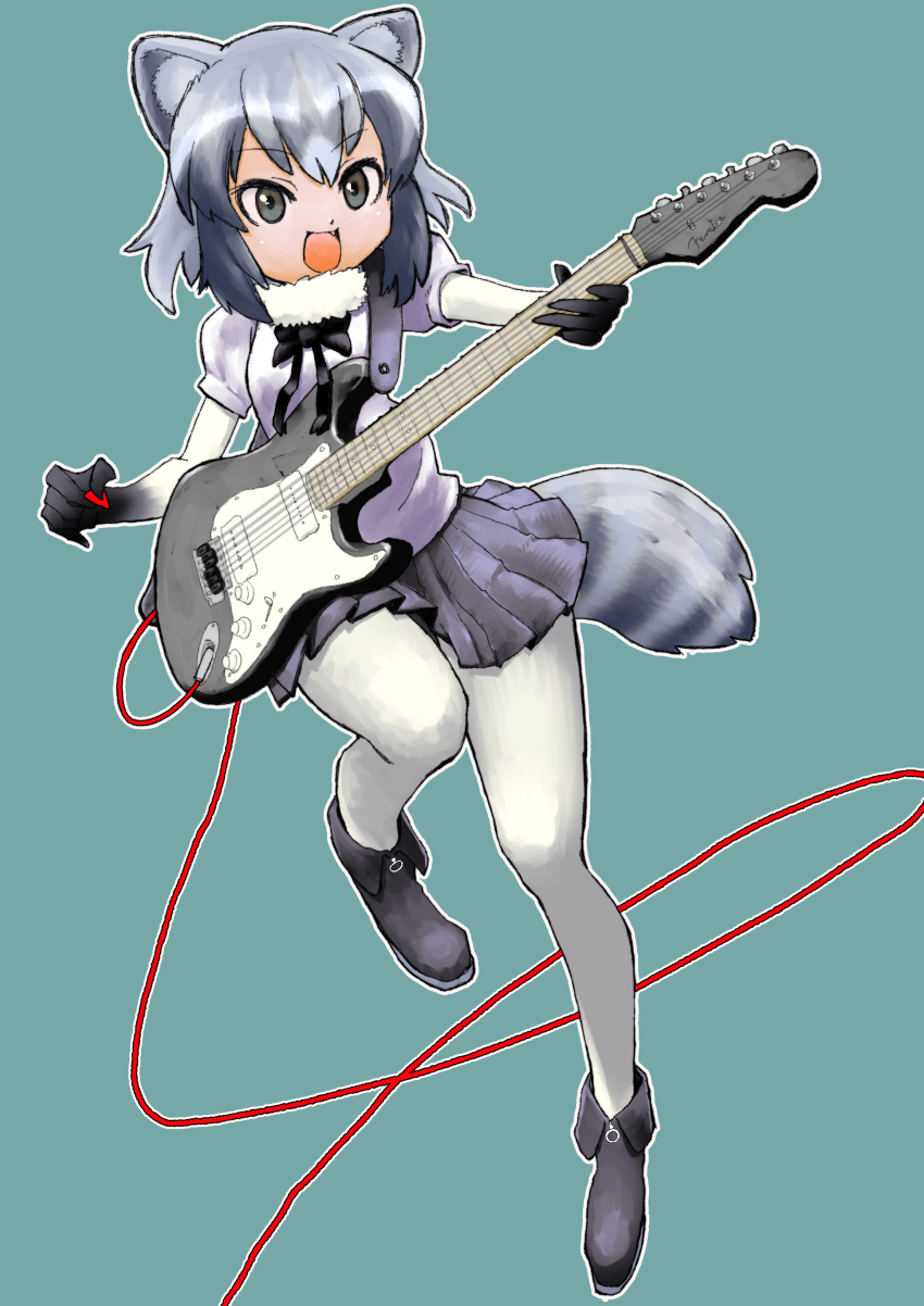 1girl absurdres animal_ears arairestaurant black_bow black_bowtie black_footwear black_gloves black_skirt blue_sweater blush boots bow bowtie common_raccoon_(kemono_friends) elbow_gloves electric_guitar fang fur_collar gloves gradient_gloves grey_eyes grey_hair guitar hair_between_eyes highres instrument kemono_friends multicolored_hair open_mouth pantyhose pleated_skirt plectrum puffy_short_sleeves puffy_sleeves raccoon_ears raccoon_girl raccoon_tail short_hair short_sleeves sidelocks skirt smile solo sweater tail white_fur white_gloves white_pantyhose