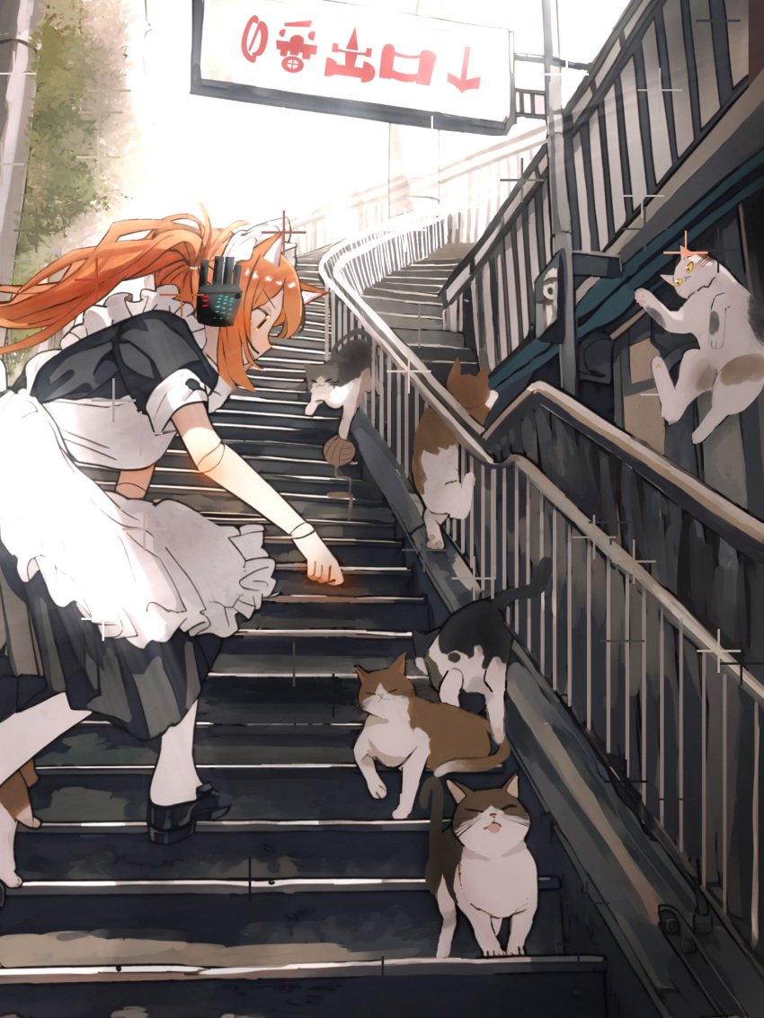1girl a.i._voice adachi_rei alternate_breast_size alternate_costume alternate_hair_length alternate_hairstyle android animal_ears apron black_dress breasts cat cat_ears chasing commentary_request day dress enmaided from_side highres joints kemonomimi_mode large_breasts long_hair looking_at_animal maid maid_apron orange_eyes orange_hair outdoors pantyhose profile puffy_short_sleeves puffy_sleeves reaching robot_joints short_sleeves solo squatting twintails utau utility_pole v-shaped_eyebrows white_pantyhose zarame_(zarame_utau)