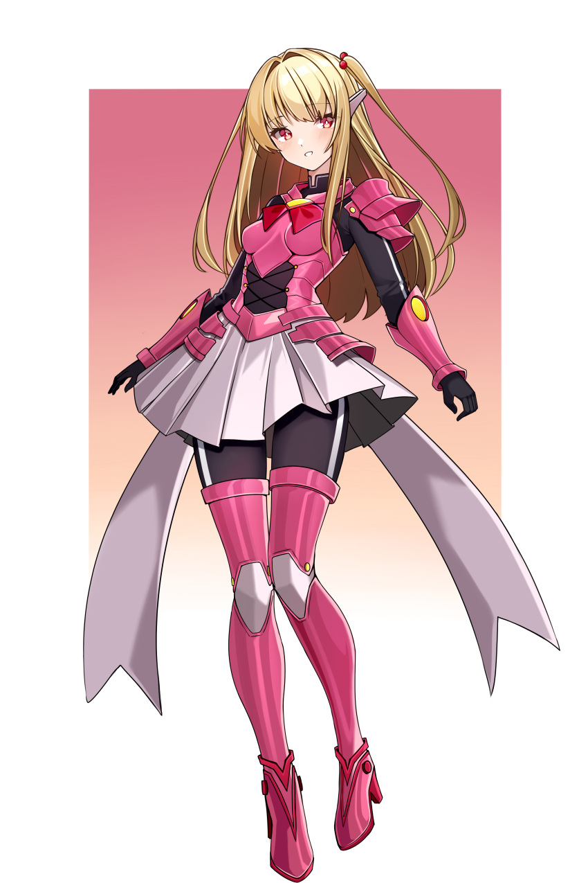 1girl absurdres alternate_costume armor armored_boots blonde_hair bodystocking boots breasts chest_jewel commission commissioner_upload gauntlets high_heel_boots high_heels highres iris_zeppelin long_hair looking_at_viewer mechanical_ears mega_man_(series) mega_man_zero_(series) non-web_source open_mouth pink_eyes pleated_skirt rosenkreuzstilette rosenkreuzstilette_freudenstachel shoulder_armor simple_background skirt small_breasts thigh_boots thighs wayanfa