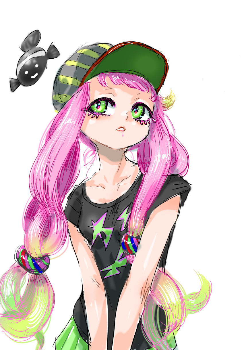 1girl baseball_cap black_shirt breasts clownfish collarbone colored_eyelashes drooling fish gradient_hair green_eyes green_hair green_skirt harmony's_clownfish_(splatoon) harmony_(splatoon) hat highres humanization koharu2.5 long_hair miniskirt multicolored_hair parted_lips pink_hair pink_lips pleated_skirt shirt short_bangs short_sleeves simple_background skirt small_breasts solo splatoon_(series) striped_clothes striped_headwear t-shirt two-tone_hair v_arms very_long_hair white_background