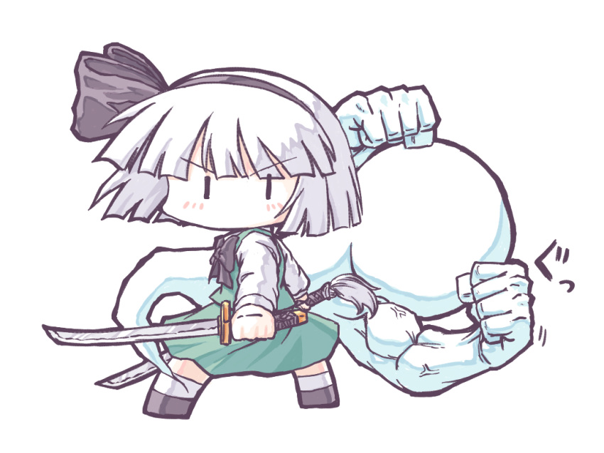 1girl aokukou black_footwear black_hairband black_ribbon chibi commentary_request green_skirt green_vest hair_ribbon hairband konpaku_youmu konpaku_youmu_(ghost) necktie no_mouth no_nose ribbon shirt short_hair simple_background skirt socks touhou v-shaped_eyebrows vest white_background white_hair white_shirt white_socks