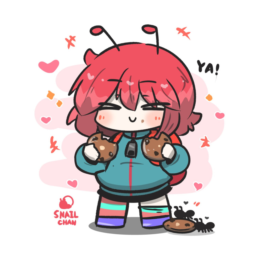 &gt;_&lt; +++ 1girl animal ant antennae backpack bag black_skirt blue_jacket blush bug chibi closed_eyes closed_mouth commentary_request cookie facing_viewer food full_body heart highres holding holding_food jacket long_sleeves multicolored_hair original pink_background pink_hair puffy_long_sleeves puffy_sleeves purple_footwear redhead shadow shoes skirt smile solo standing striped_clothes striped_thighhighs thigh-highs thighhighs_pull two-tone_background two-tone_hair uni_souchou white_background