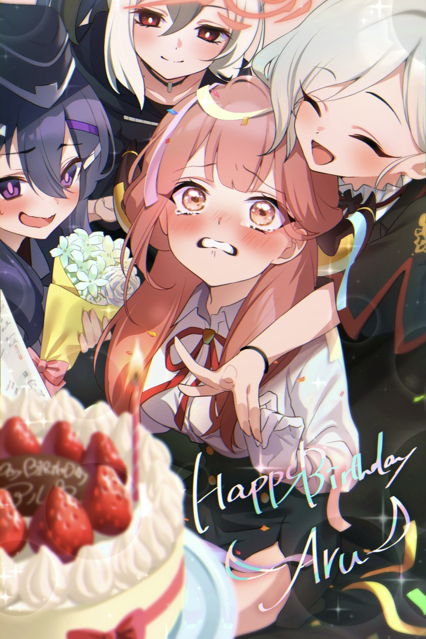 4girls :d ^_^ aru_(blue_archive) birthday_cake black_choker black_hair black_jacket black_skirt blue_archive blunt_bangs blurry blush bouquet cake character_name choker closed_eyes collarbone collared_shirt commentary_request confetti crying crying_with_eyes_open demon_girl demon_horns depth_of_field english_text flower food garrison_cap gloves hair_between_eyes hair_ornament hairclip halo happy_birthday happy_tears haruka_(blue_archive) hat head_tilt high-waist_skirt highres holding holding_bouquet hood hooded_jacket horns hug hug_from_behind jacket kayoko_(blue_archive) long_hair long_sleeves looking_at_another meruto0924 military_uniform multicolored_hair multiple_girls mutsuki_(blue_archive) pointy_ears ponytail problem_solver_68_(blue_archive) purple_hair red_eyes redhead rose school_uniform shirt short_hair short_hair_with_long_locks short_sleeves side_ponytail sidelocks skirt smile strawberry_cake tears two-tone_hair uniform violet_eyes white_flower white_gloves white_hair white_rose white_shirt