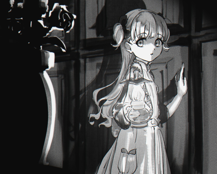 1girl apron bow commentary_request cowboy_shot dress emilico_(shadows_house) flower funabara_(sksn_herb) greyscale hair_bow highres holding holding_lantern indoors lantern living_doll_uniform long_hair looking_at_viewer monochrome open_mouth shadows_house solo standing two_side_up vase