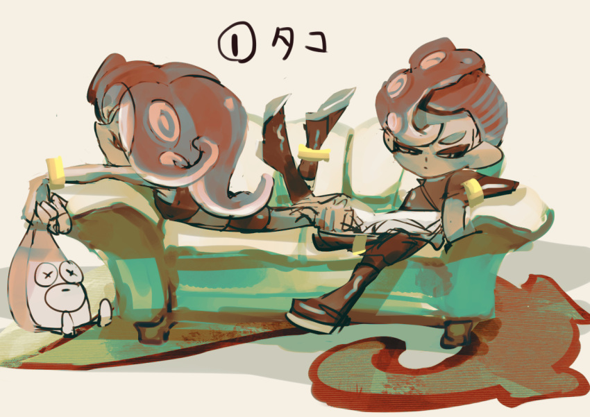 1boy 1girl agent_8_(splatoon) black_footwear black_shirt black_skirt book boots closed_mouth couch crop_top half-closed_eyes koike3582 long_hair lying miniskirt mohawk octoling octoling_boy octoling_girl octoling_player_character octotrooper on_couch on_stomach open_book redhead shirt short_hair simple_background sitting skirt splatoon_(series) splatoon_2 splatoon_2:_octo_expansion suction_cups tentacle_hair white_background
