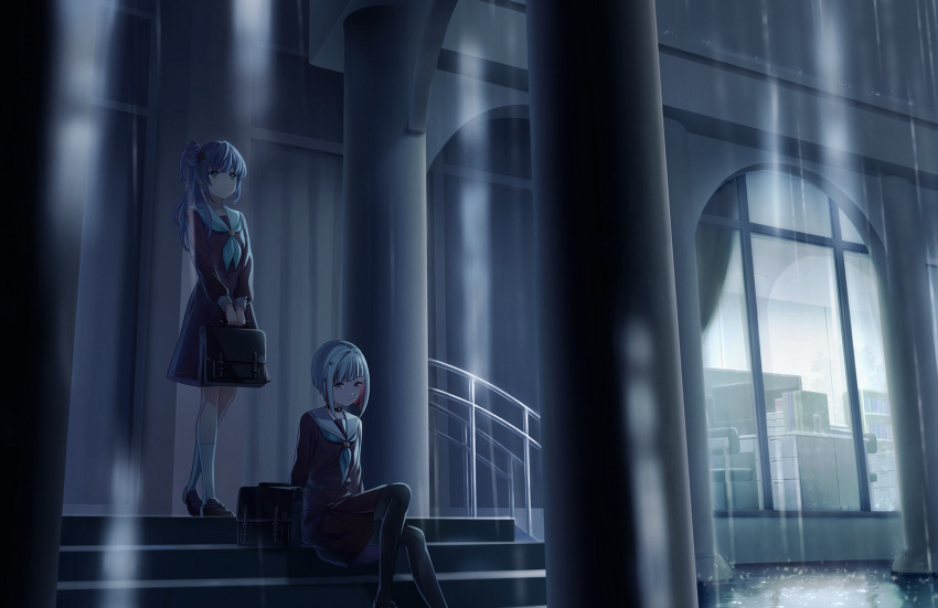 2girls ankle_socks aqua_neckerchief bag black_bag black_choker black_pantyhose blurry blurry_foreground brown_dress brown_footwear choker closed_mouth colored_inner_hair dark dress flower foot_up frown game_cg green_eyes grey_hair hair_bun hair_flower hair_ornament hasu_no_sora_school_uniform highres holding holding_bag in-universe_location link!_like!_love_live! loafers long_hair long_sleeves looking_ahead looking_down love_live! medium_dress multicolored_hair multiple_girls neckerchief o-ring o-ring_choker official_art otomune_kozue outdoors pantyhose pillar pleated_dress purple_hair rain red_eyes red_flower redhead sailor_collar sailor_dress school_bag school_uniform shoes short_hair side_ponytail sidelocks single_side_bun sitting sitting_on_stairs socks stairs standing streaked_hair third-party_source two-handed v_arms virtual_youtuber white_sailor_collar white_socks wide_shot window winter_uniform yugiri_tsuzuri