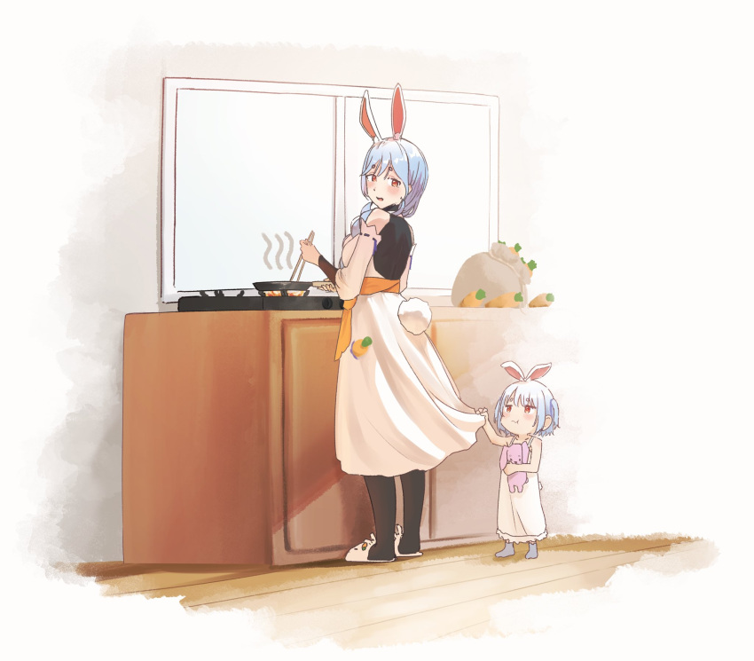 2girls aged_down animal_ears apron black_pantyhose blue_hair carrot child clothes_grab commentary_request cooking gozumi_2804 highres holding hololive looking_at_another looking_down mature_female mother_and_daughter multiple_girls pantyhose pekomama pout rabbit_ears rabbit_girl rabbit_tail sketch stuffed_animal stuffed_toy tail usada_pekora virtual_youtuber white_apron