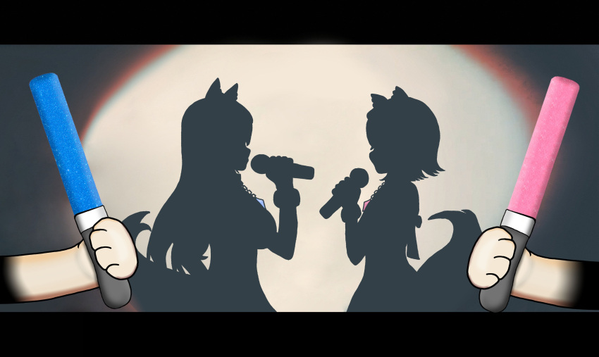 2girls absurdres animal_ears animal_hands blue_gemstone bob_cut breasts commentary different_shadow dog_ears dog_girl dog_paws dog_tail face-to-face facing_another from_side fuwawa_abyssgard fuwawa_abyssgard_(dog) gem glowstick highres holding holding_microphone hololive hololive_english hololive_shadow_puppet_(meme) jewelry kitsuneko_(708702858942742528) large_breasts letterboxed long_hair meme microphone mococo_abyssgard mococo_abyssgard_(dog) multiple_girls music necklace pendant pink_gemstone pov pov_hands profile shadow short_hair silhouette singing small_breasts spotlight symbol-only_commentary tail upper_body virtual_youtuber