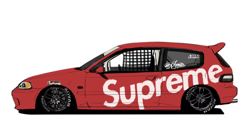 car from_side highres hikageno honda honda_civic motor_vehicle no_humans original red_car shadow simple_background sponsor spoon_sports supreme_(brand) vehicle_focus white_background