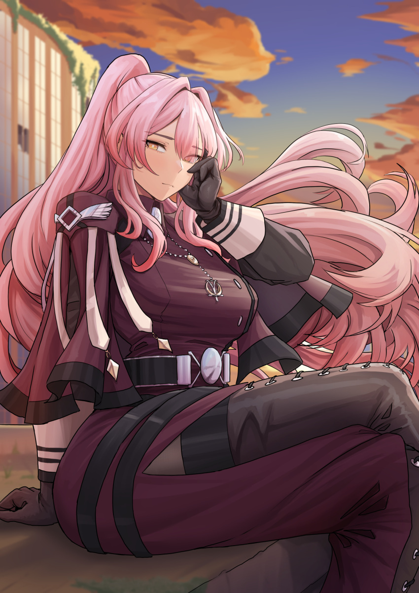 1girl absurdres breasts capelet clouds dryseaweed duel_monster exosister_martha floating_hair gradient_sky highres large_breasts long_hair looking_at_viewer one_eye_closed outdoors parted_bangs pink_hair ponytail sidelocks sitting sky solo very_long_hair yellow_eyes yu-gi-oh!