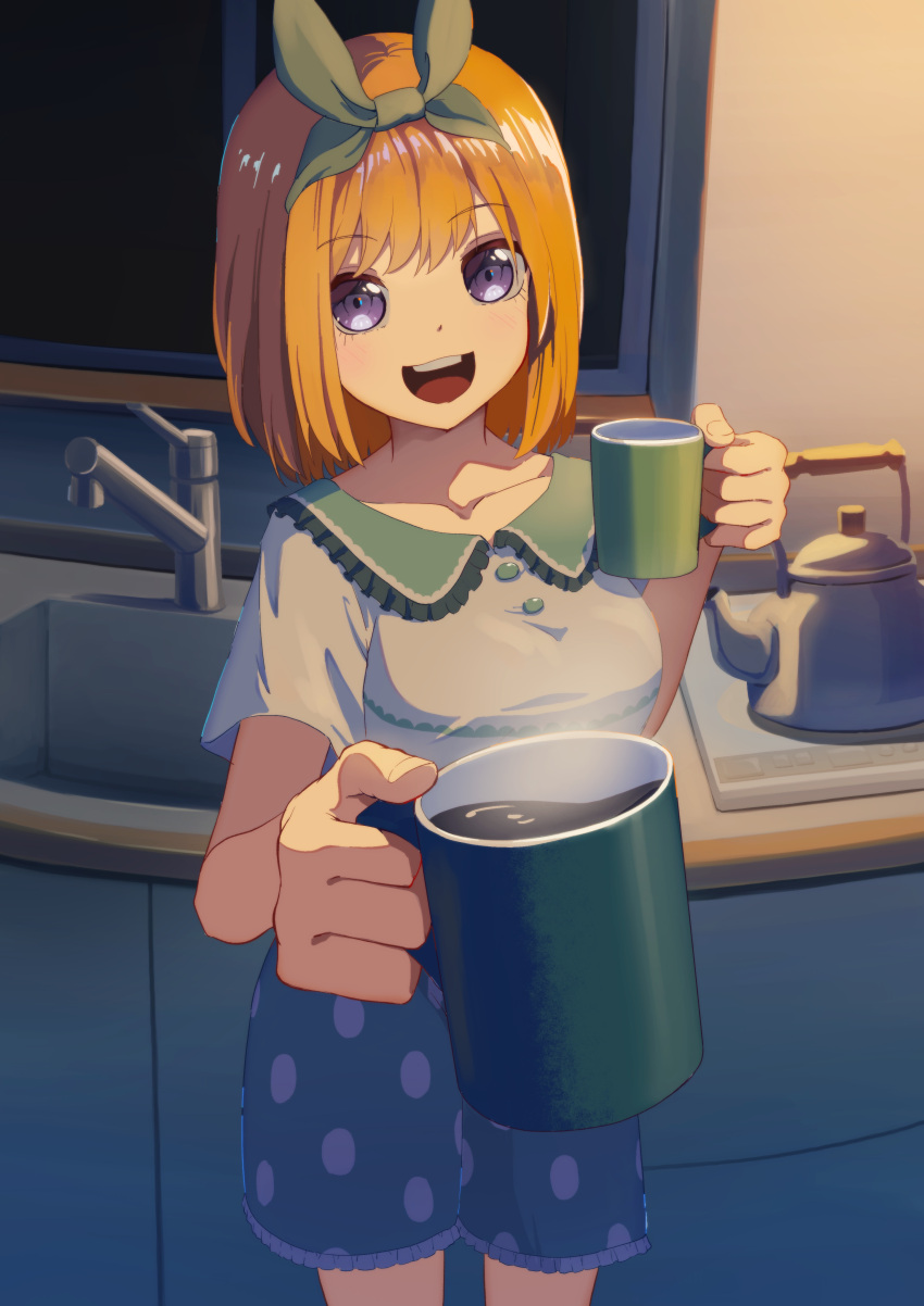 1girl :d absurdres alternate_costume blue_eyes blush casual coffee collarbone commentary_request cowboy_shot cup eyelashes foreshortening frilled_shirt_collar frills go-toubun_no_hanayome green_ribbon hair_between_eyes hair_ribbon hands_up happy highres holding holding_cup indoors kitchen looking_at_viewer medium_hair nakano_yotsuba night open_mouth orange_hair pov ribbon round_teeth shirt short_sleeves sidelighting smile solo steam straight_hair teapot teeth upper_teeth_only white_shirt window yasuba_yuichi