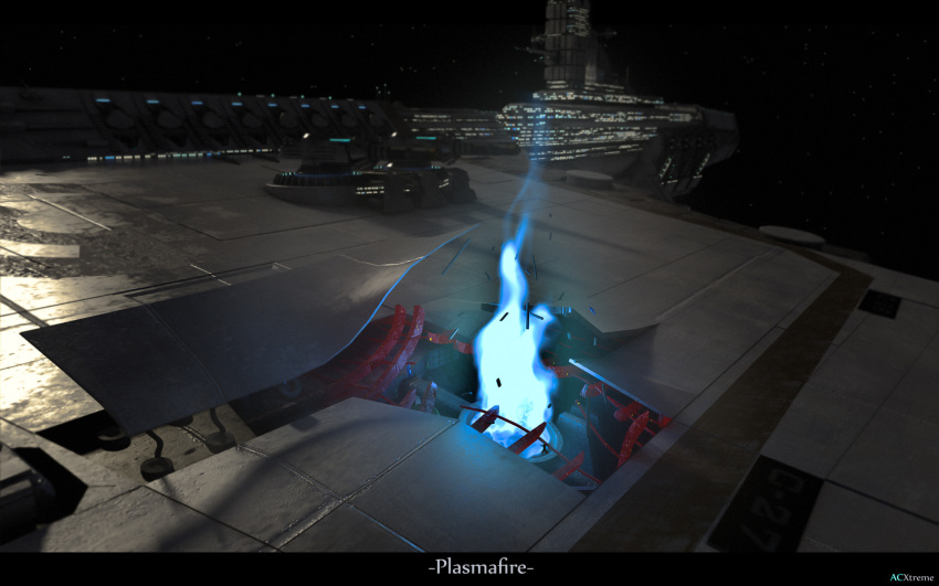 3d acxtreme advanced_ship_(eve_online) artist_name assault_ship_(eve_online) battleship_(eve_online) blue_fire caldari_state_(eve_online) cannon commentary concept_art damaged energy_cannon eve_online fire glowing glowing_hot highres military_vehicle no_humans original outdoors plasma science_fiction sky space spacecraft star_(sky) starry_background starry_sky tech_2_ship_(eve_online) turret vehicle_focus