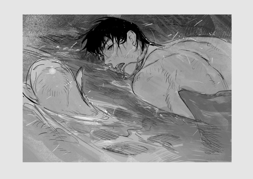 1boy 1girl afloat atie1225 bare_back black_hair dog_tags empty_eyes from_side greyscale highres looking_at_another lying male_focus monochrome on_stomach open_mouth original water