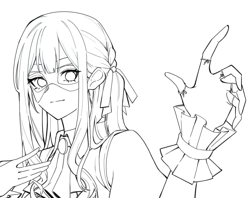 1girl bang_dream! bang_dream!_it's_mygo!!!!! brooch closed_mouth commentary_request greyscale hand_up highres jewelry lineart long_hair looking_at_viewer mask masquerade_mask monochrome multiple_rings nanami_(nunnun_0410) ring sidelocks simple_background solo togawa_sakiko two_side_up upper_body white_background wrist_cuffs