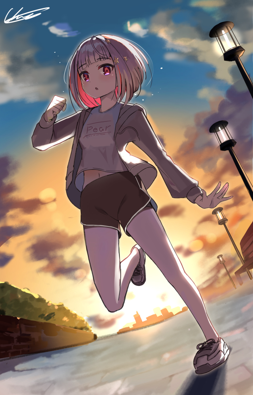 1girl :o backlighting black_shorts bob_cut clenched_hand clouds colored_inner_hair commentary diagonal_bangs gradient_sky grey_footwear grey_hair grey_jacket hair_ornament hand_up highres hood hooded_jacket inverted_bob jacket lamppost link!_like!_love_live! looking_at_viewer love_live! midriff_peek multicolored_hair navel open_clothes open_jacket outstretched_hand red_eyes redhead running shirt shoes short_hair short_shorts shorts signature sky sneakers solo star_(symbol) star_hair_ornament streaked_hair sunset sweat t-shirt two-tone_footwear uno_(unoirasuto) white_footwear white_shirt yugiri_tsuzuri