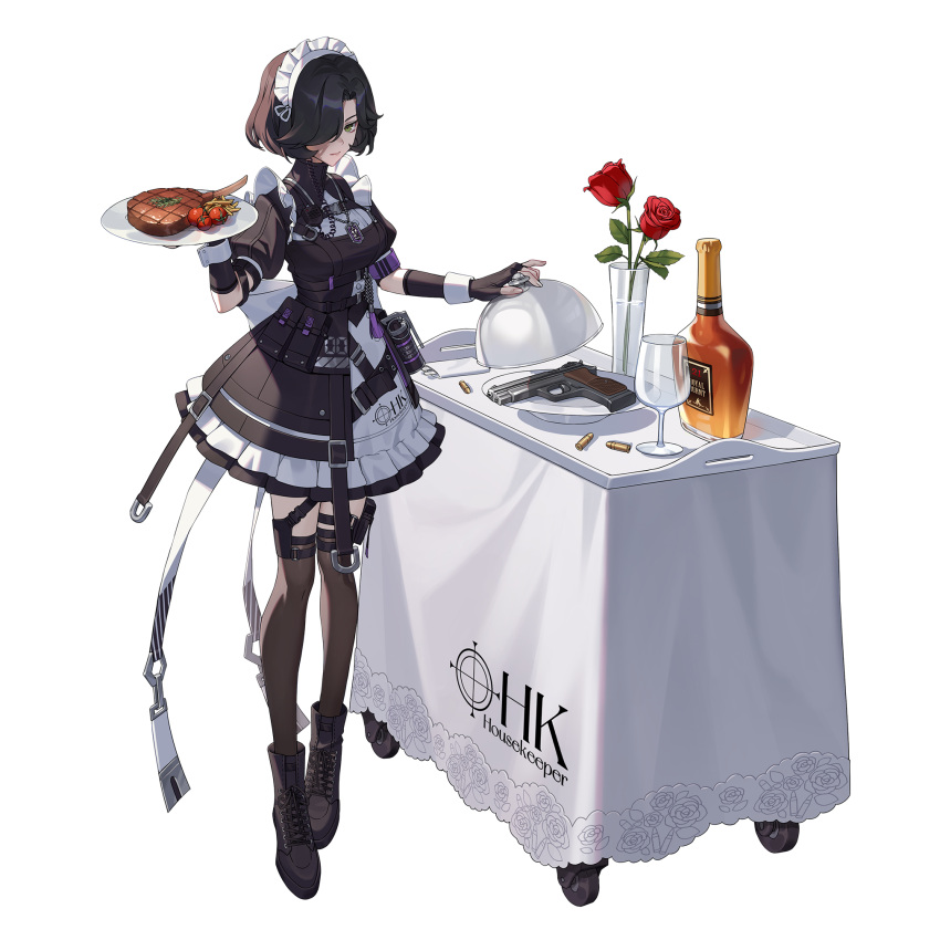 1girl alcohol armband belt black_belt black_dress black_footwear black_gloves black_hair black_shirt black_skirt black_survival boots bottle breasts bullet cherry_tomato closed_mouth cup dress drinking_glass eternal_return:_black_survival explosive fingerless_gloves flower flower_pot food french_fries full_body gloves green_eyes grenade gun hair_over_one_eye hairband hand_up highres holding holding_food jewelry large_breasts looking_at_viewer maid maid_headdress multiple_belts name_tag necklace official_alternate_costume official_art plate puffy_short_sleeves puffy_sleeves red_flower red_rose ribbon rose rozzi_(black_survival) shirt short_hair short_sleeves simple_background skirt solo standing steak table thigh-highs thigh_strap tomato transparent_background weapon white_background white_ribbon white_skirt wine wine_bottle wine_glass wrist_cuffs