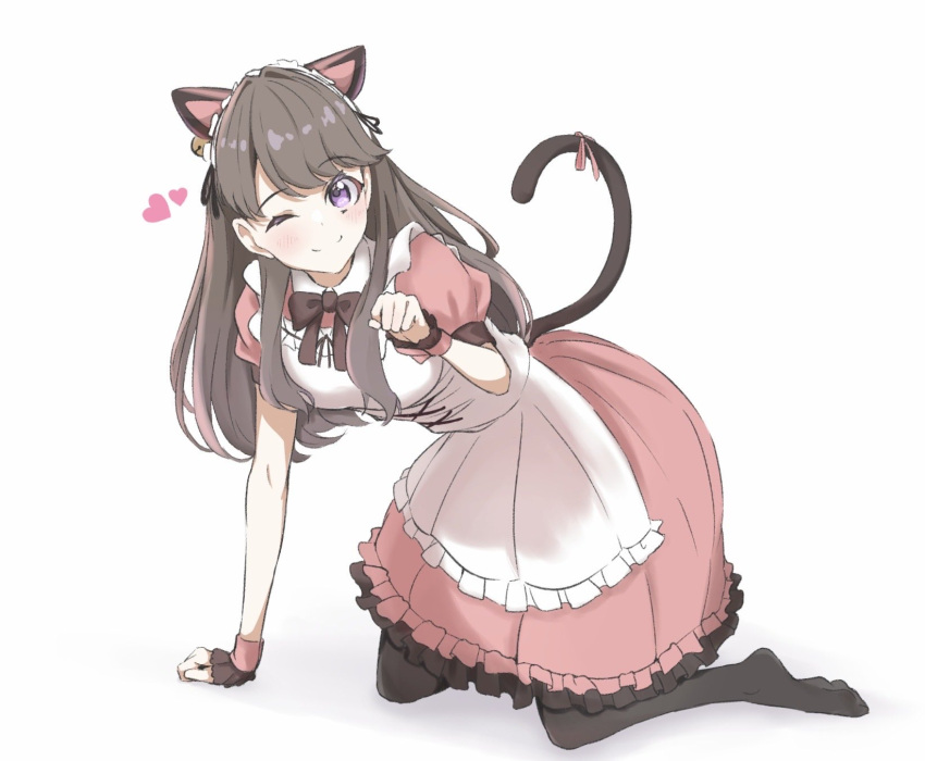 1girl ;) animal_ears apron bell black_pantyhose blush brown_hair cat_ears cat_tail clenched_hands closed_mouth commentary dress ear_bell fake_animal_ears fake_tail frilled_apron frilled_cuffs frilled_dress frills fujishima_megumi hand_on_floor heart highres kneeling link!_like!_love_live! long_hair looking_at_viewer love_live! m's_one_day_(love_live!) maid maid_apron maid_headdress medium_dress no_shoes official_alternate_costume one_eye_closed pantyhose paw_pose pink_dress pink_wrist_cuffs puffy_short_sleeves puffy_sleeves shadow short_sleeves simple_background smile solo split_mouth tail tomoe_(tomoe_200) violet_eyes virtual_youtuber white_apron white_background white_headdress wrist_cuffs