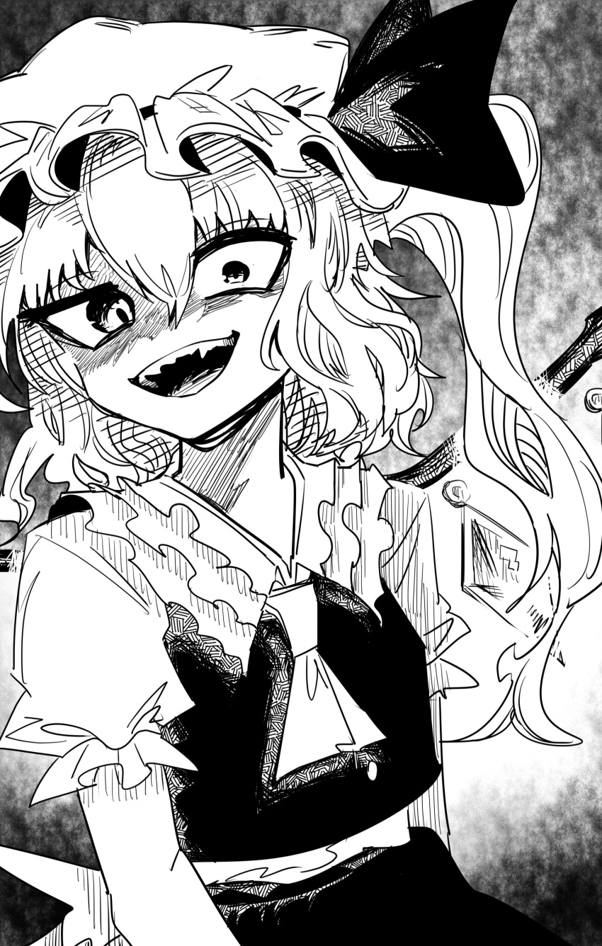1girl absurdres cowboy_shot dress flandre_scarlet frilled_dress frills greyscale hat hat_ribbon highres ichirugi medium_hair mob_cap monochrome open_mouth puffy_short_sleeves puffy_sleeves red_ribbon ribbon short_sleeves side_ponytail solo teeth touhou upper_teeth_only