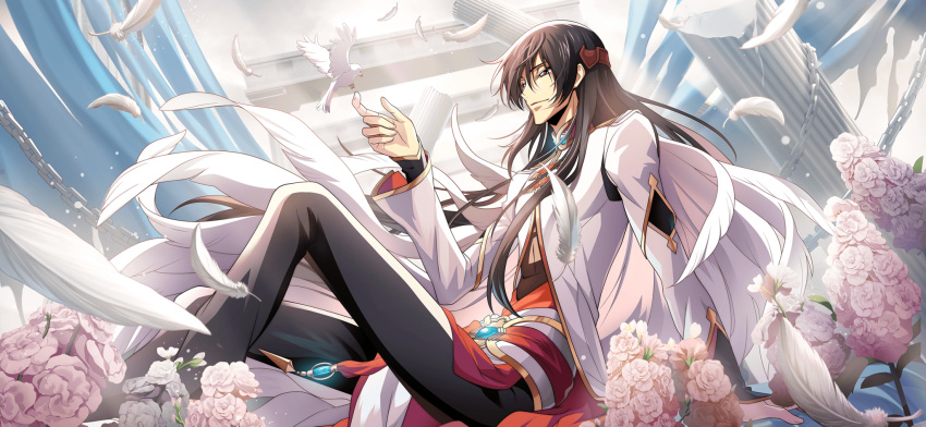 1boy arm_support artist_request bird bird_on_hand black_hair black_pants blue_gemstone brown_eyes cape chain closed_mouth coat code_geass code_geass:_lost_stories day dove dutch_angle feathers flower from_side game_cg gem grey_sky half-closed_eyes hand_up happy highres knee_up layered_sleeves leaning_back li_xingke light_rays long_hair long_sleeves male_focus non-web_source official_art outdoors pants pillar pink_flower ruins sash sidelocks sitting sky smile solo sunlight very_long_hair white_cape white_coat white_feathers white_flower