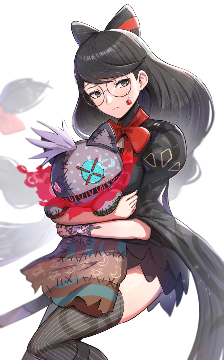 1girl absurdres bayonetta_origins:_cereza_and_the_lost_demon black_dress black_eyes black_hair black_thighhighs bow cereza dress glass gonzarez hair_bow highres holding holding_stuffed_toy long_hair red_ribbon ribbon simple_background solo stitches stuffed_toy thigh-highs very_long_hair white_background
