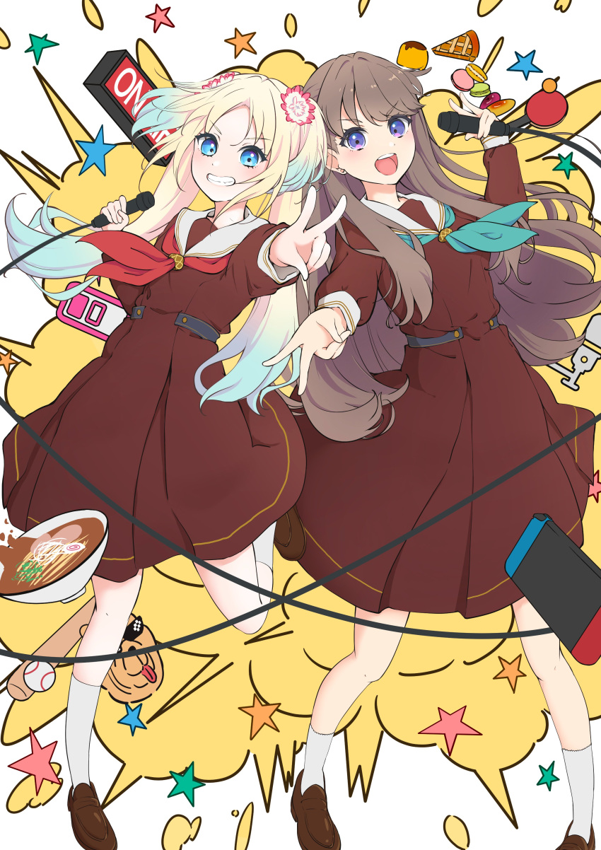 2girls :d absurdres aoiao aqua_neckerchief ball baseball_(object) baseball_bat battery_indicator blonde_hair blue_eyes blue_hair brown_dress brown_hair bulldog cable commentary deal_with_it_(meme) dress explosion flower food fujishima_megumi full_body gradient_hair grin gyaru_v hair_flower hair_ornament hasu_no_sora_school_uniform highres holding holding_microphone leg_up light_blue_hair link!_like!_love_live! long_hair long_sleeves love_live! macaron medium_dress meme microphone mira-cra_park! multicolored_hair multiple_girls neckerchief nintendo_switch noodles open_mouth osawa_rurino paddle parted_bangs pie pink_flower pleated_dress ramen red_neckerchief sailor_collar sailor_dress school_uniform smile standing star_(symbol) table_tennis_ball table_tennis_paddle teeth twintails upper_teeth_only v v-shaped_eyebrows violet_eyes virtual_youtuber white_background white_flower white_sailor_collar winter_uniform