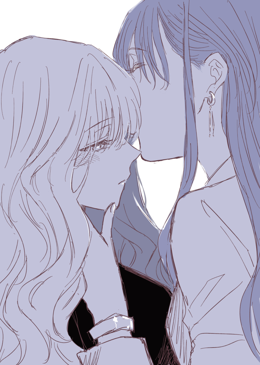 2girls absurdres blush bracelet closed_eyes closed_mouth commentary_request earrings greyscale hand_on_another's_face highres jewelry kiss kissing_forehead long_hair long_sleeves monochrome multiple_girls original shirt upper_body yuri yuri_kyanon