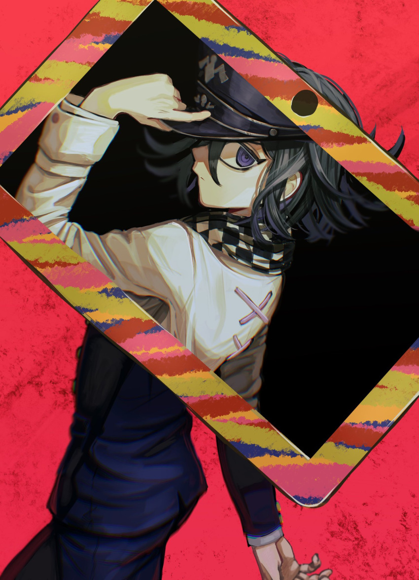 1boy arm_belt black_jacket black_pants black_scarf black_sleeves buttons checkered_clothes checkered_scarf chromatic_aberration closed_mouth cowboy_shot cross-laced_jacket danganronpa_(series) danganronpa_v3:_killing_harmony expressionless foca_(sello20582612) from_behind gakuran hand_on_headwear hat highres jacket layered_sleeves long_sleeves looking_at_viewer looking_back oma_kokichi palms pants peaked_cap purple_hair purple_hat red_background revealing_layer scarf school_uniform short_hair simple_background solo tablet_pc two-tone_scarf violet_eyes white_jacket white_scarf white_sleeves