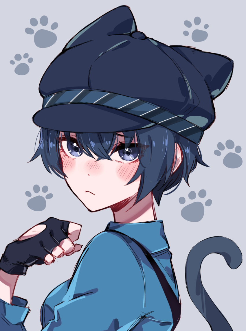 1girl absurdres animal_ears animal_hands black_gloves blue_eyes blue_hair cabbie_hat cat_ears cat_paws cat_tail closed_mouth detective emi_star gloves grey_background hat highres persona persona_4 reverse_trap shirogane_naoto short_hair solo tail tomboy upper_body