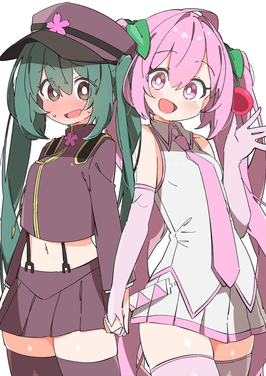 2girls absurdres black_thighhighs blush character_request check_character elbow_gloves gloves green_hair hatsune_miku highres long_hair long_sleeves multiple_girls necktie open_mouth pink_eyes pink_gloves pink_hair pink_necktie pleated_skirt skirt smile thigh-highs twintails uruti_2388 vocaloid