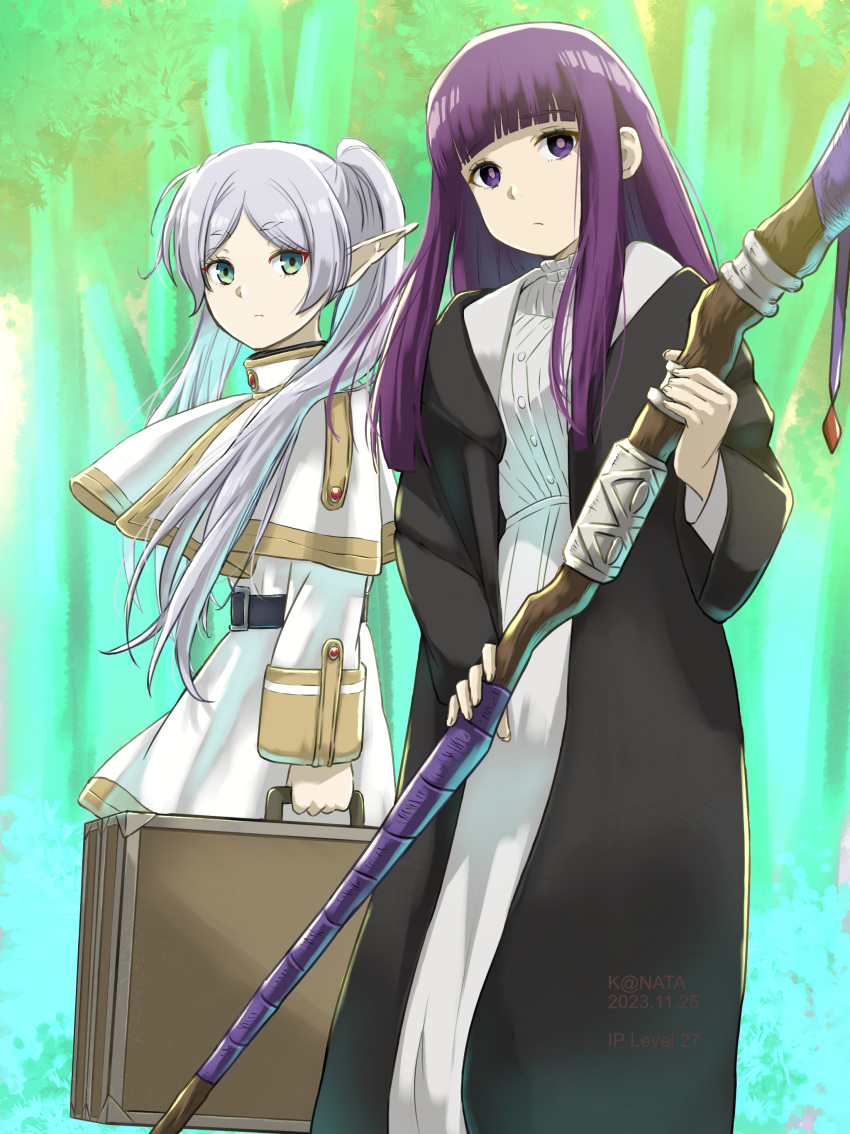 2girls absurdres belt black_robe capelet dated day elf fern_(sousou_no_frieren) frieren gold_trim green_eyes grey_hair highres holding holding_luggage holding_staff holding_suitcase multiple_girls outdoors pointy_ears purple_hair robe shirt skirt sousou_no_frieren staff suitcase violet_eyes white_capelet white_shirt white_skirt y.kami_nao/take