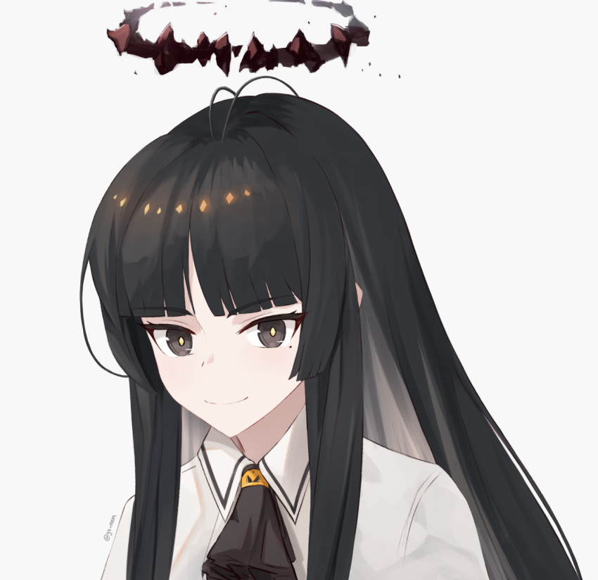 1girl antenna_hair arknights artist_name ascot black_ascot black_eyes black_hair black_halo blunt_bangs broken_halo closed_mouth collared_jacket colored_inner_hair commentary dark_halo diamond-shaped_pupils diamond_(shape) english_commentary grey_hair halo highres hime_cut jacket long_hair looking_at_viewer mole mole_under_eye multicolored_hair nemesis_gx pale_skin portrait sidelocks simple_background smile solo straight_hair symbol-shaped_pupils twitter_username two-tone_hair virtuosa_(arknights) white_background white_jacket wing_collar yellow_pupils