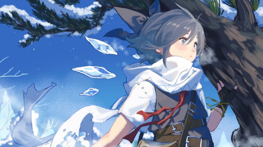 1girl absurdres black_dress blue_bow blue_eyes blue_hair bow cirno detached_wings dress fairy hair_bow highres ice ice_wings scarf short_hair short_sleeves snow solo touhou tree tuck_(tuck23978434) upper_body white_scarf wings