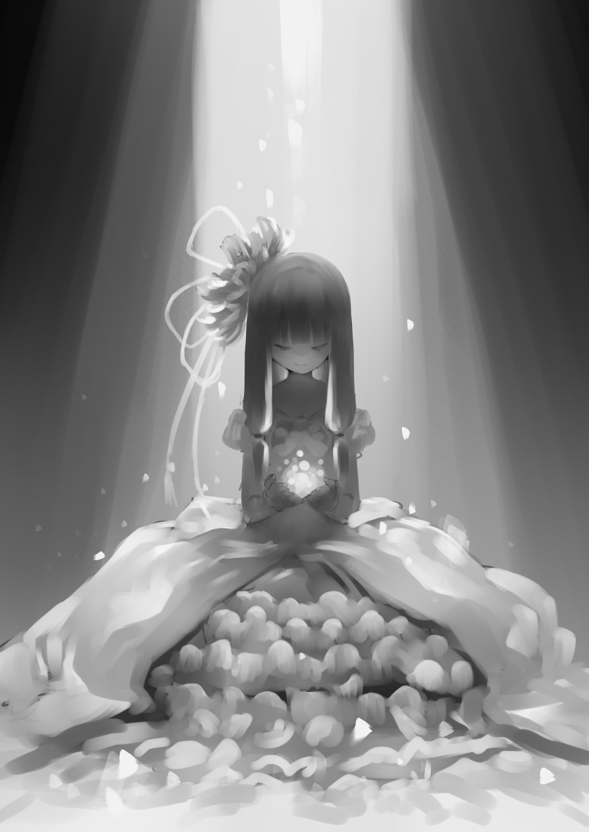 1girl abstract_background absurdres alternate_costume circle_skirt closed_eyes closed_mouth cupping_hands dress facing_down falling_petals flower frilled_dress frills full_body greyscale hair_flower hair_ornament hair_ribbon highres kotonoha_aoi layered_dress light_particles long_dress long_hair low-tied_sidelocks monochrome no_lineart object_floating_above_hand off-shoulder_dress off_shoulder own_hands_together petals ribbon sidelocks sitting smile solo spotlight straight-on toriatamastudio voiceroid