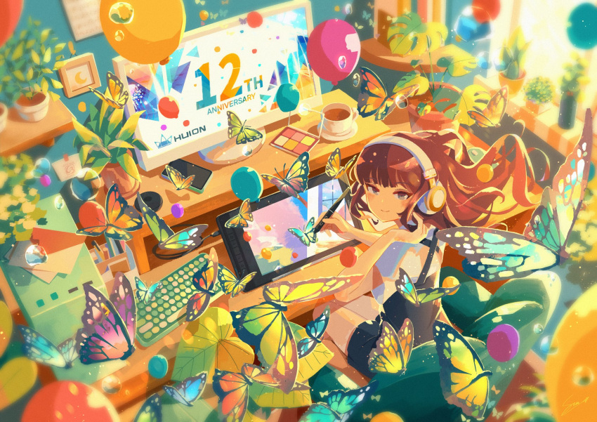 1girl anniversary atelier_umiyury balloon blunt_bangs brown_hair bubble bug butterfly chair commentary computer cup desk drawing_tablet headphones highres holding holding_stylus huion indoors keyboard_(computer) long_hair looking_at_viewer looking_back monarch_butterfly monitor mug plant potted_plant signature sitting solo stylus tablet_pc